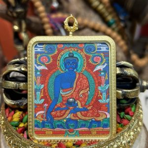 Medicine Buddha Hand-Painted Thangka Cinnabar White Copper Pendant Necklace (Ga Wu Box)